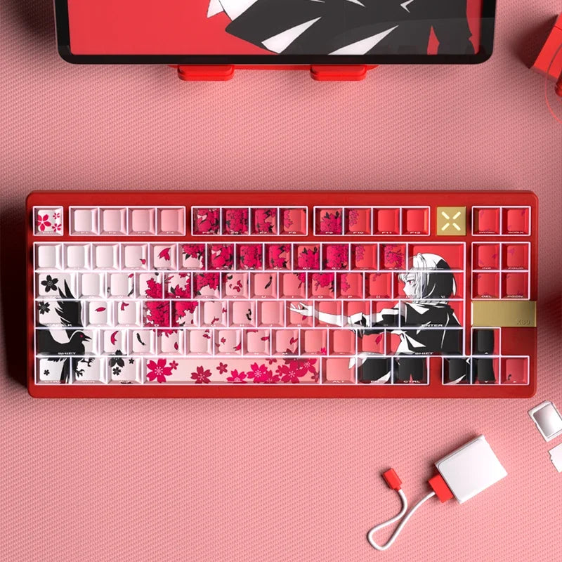 Yukiaim Keycaps Custom PBT Cherry Profile Side Carving Keycap Cute Sakura Cartoon Anime Point Key Cap for Gaming Keyboard Gift