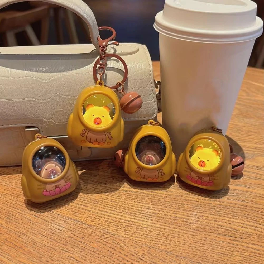 Creative Kapibala Luminous Keychain Cute Cartoon Space Capsule Capybara Keyring Schoolbag Pendant Trinket Friend Gift