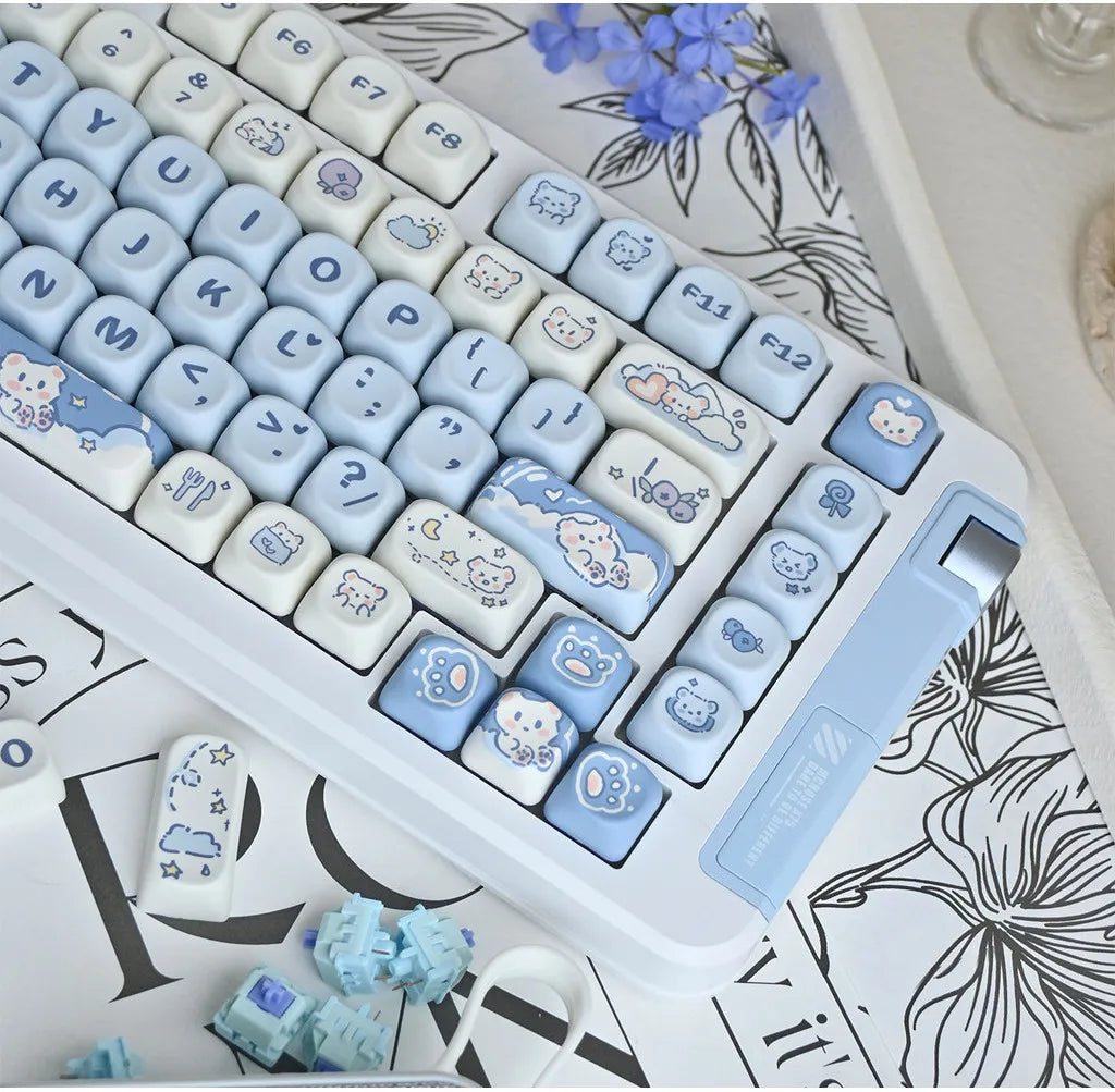 Ice Cream Bears Keycap 131 keys MOA height PBT Thermal sublimation Sky Blue mechanical keyboard Caps Cute Blue keycap