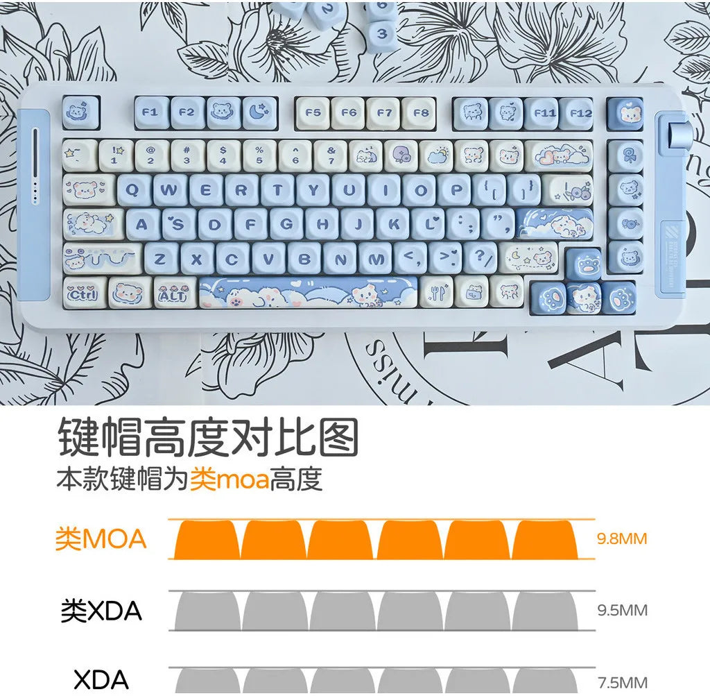 Ice Cream Bears Keycap 131 keys MOA height PBT Thermal sublimation Sky Blue mechanical keyboard Caps Cute Blue keycap