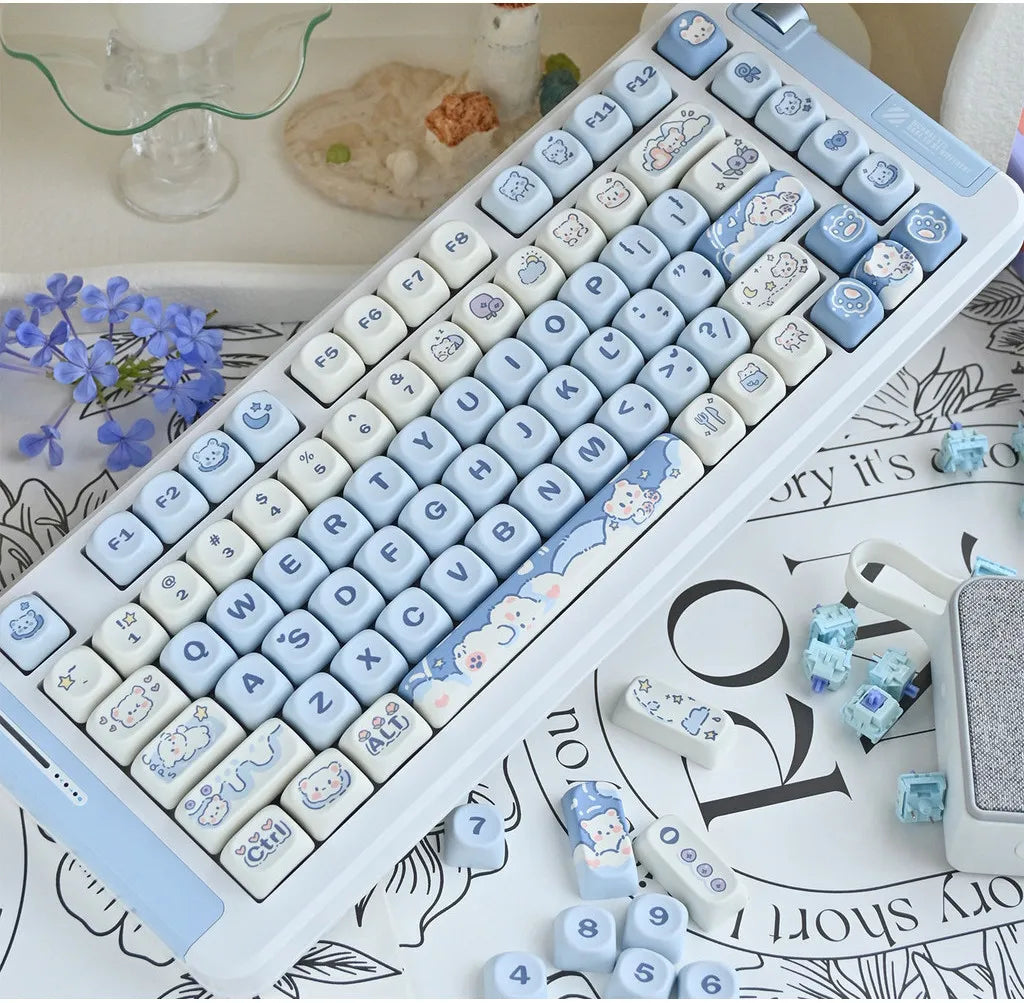Ice Cream Bears Keycap 131 keys MOA height PBT Thermal sublimation Sky Blue mechanical keyboard Caps Cute Blue keycap