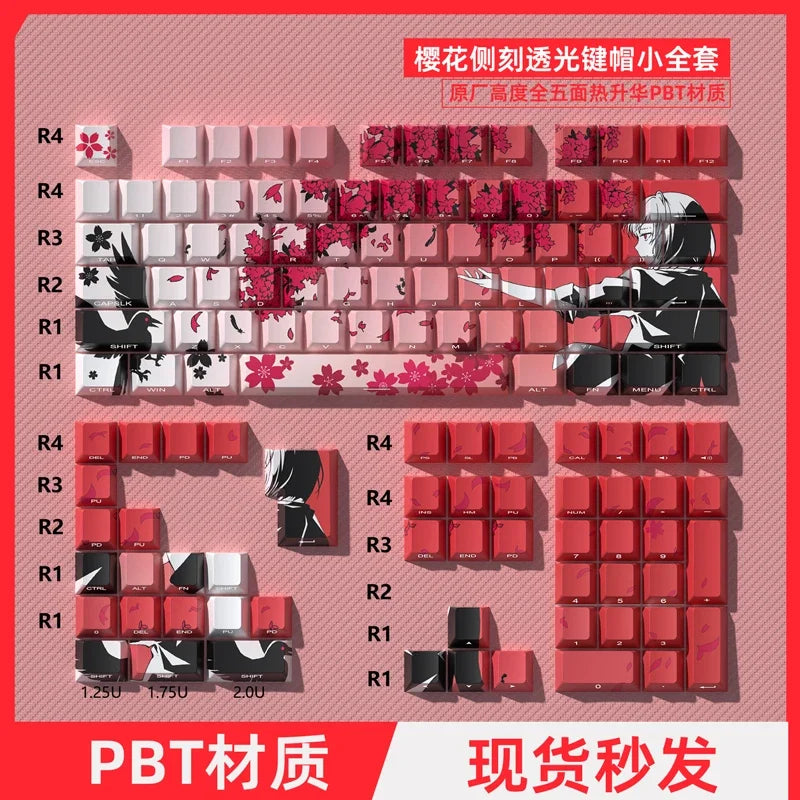 Yukiaim Keycaps Custom PBT Cherry Profile Side Carving Keycap Cute Sakura Cartoon Anime Point Key Cap for Gaming Keyboard Gift