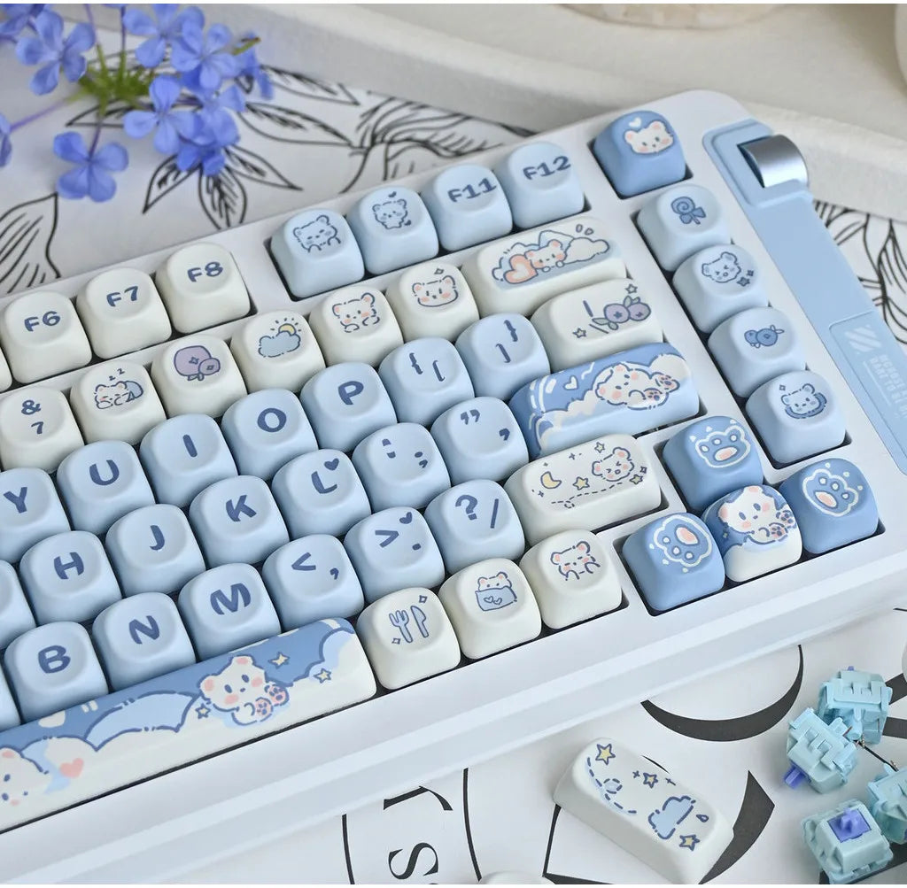 Ice Cream Bears Keycap 131 keys MOA height PBT Thermal sublimation Sky Blue mechanical keyboard Caps Cute Blue keycap