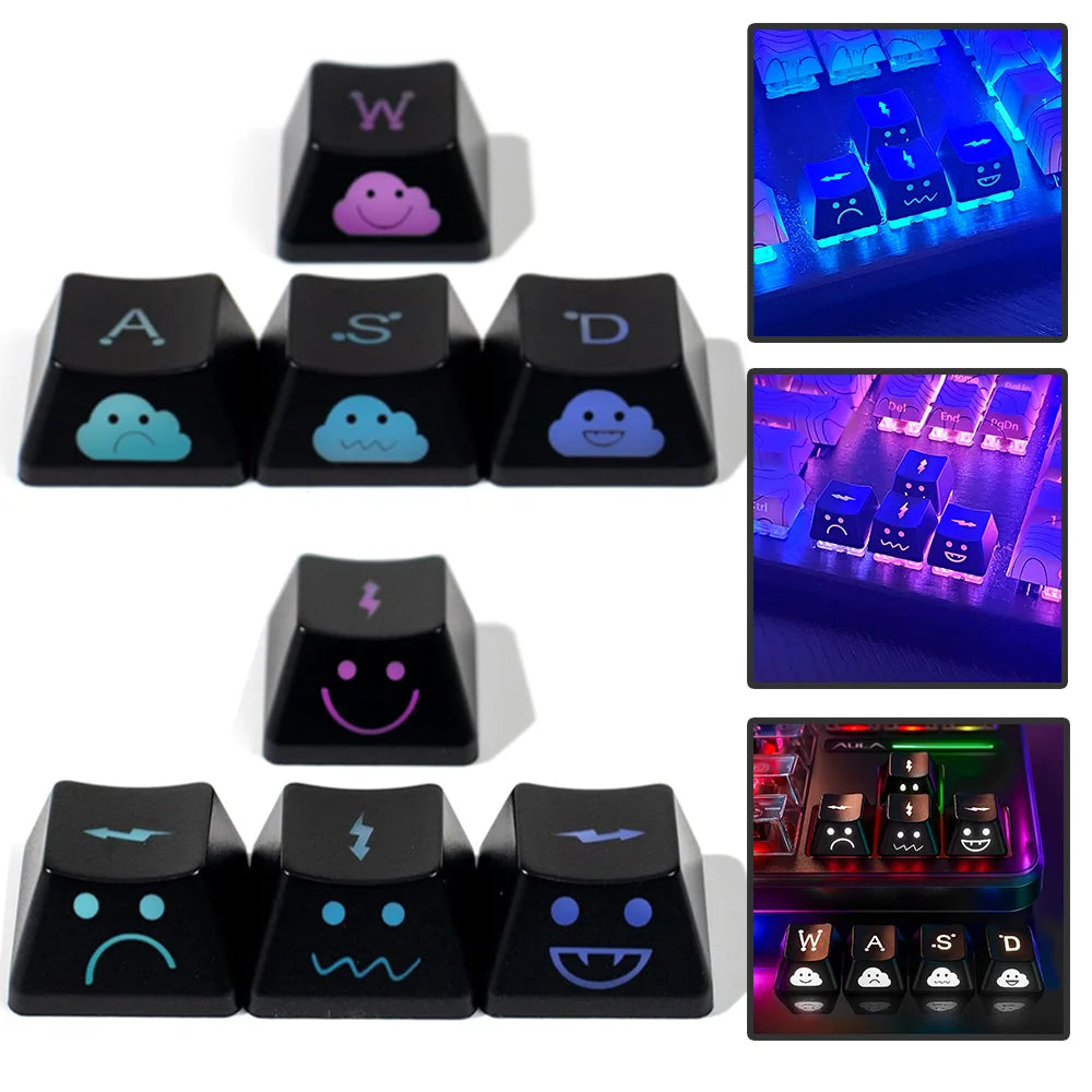 Backlight Keycaps Set Cute Emo WASD Arrow Direction Keys Black Broadside Lighting Key Cap for MX Switch for Mechanical Keyboard