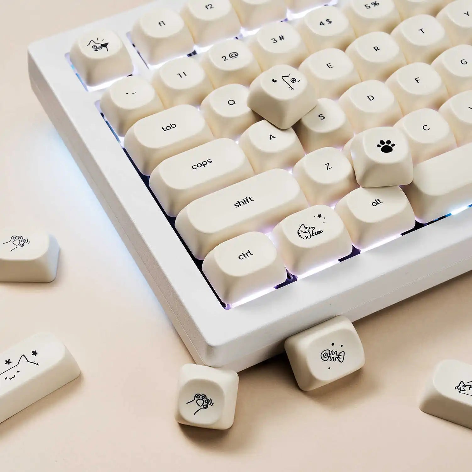 124 key Cute Cat Keycaps PBT Sublimation Moa Ball Cap White Minimalist Small Font Mechanical Keyboard Keycaps Korean English
